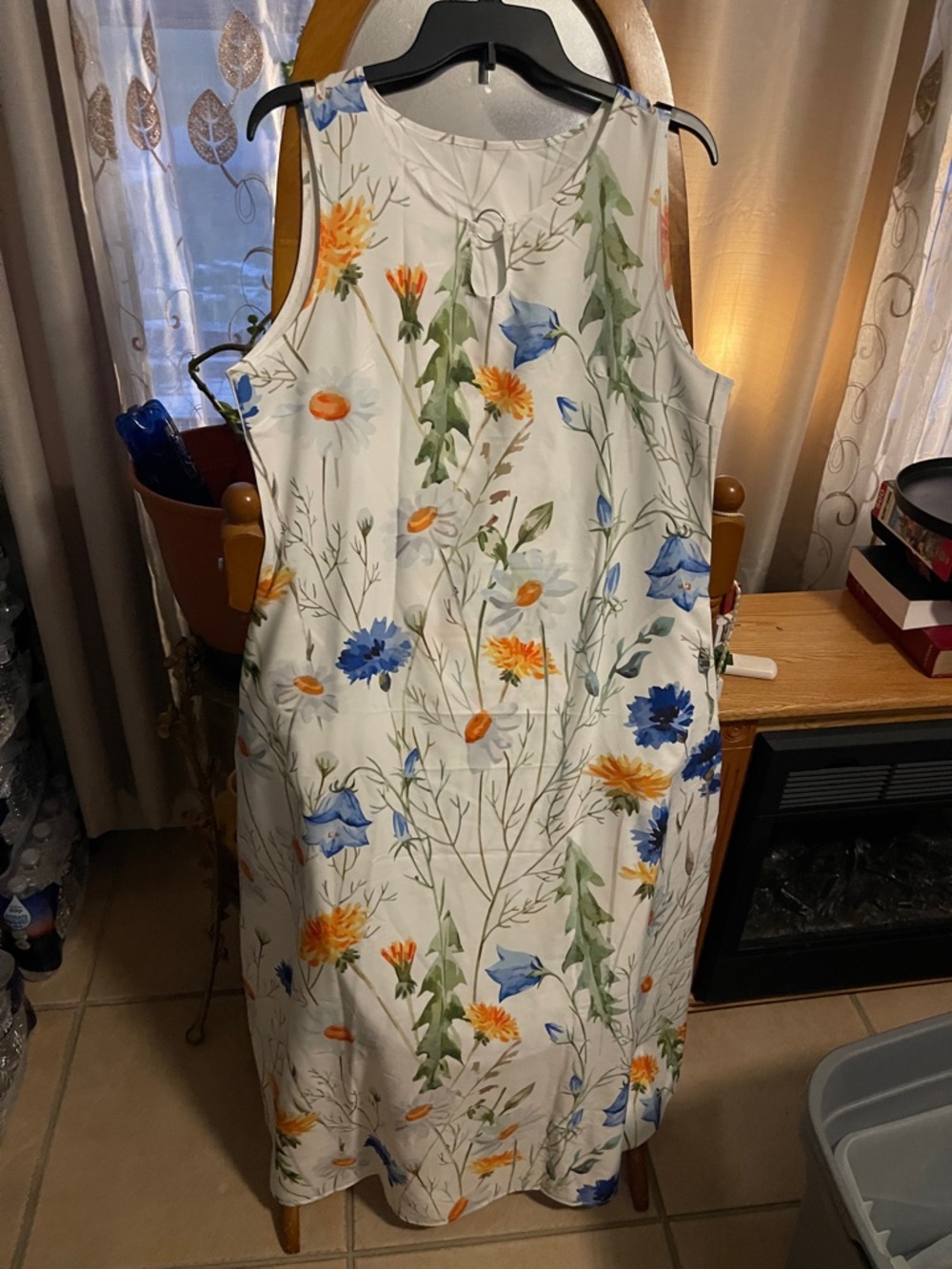 Sleeveless Cream Midi Dress with Blue and Orange Floral Print